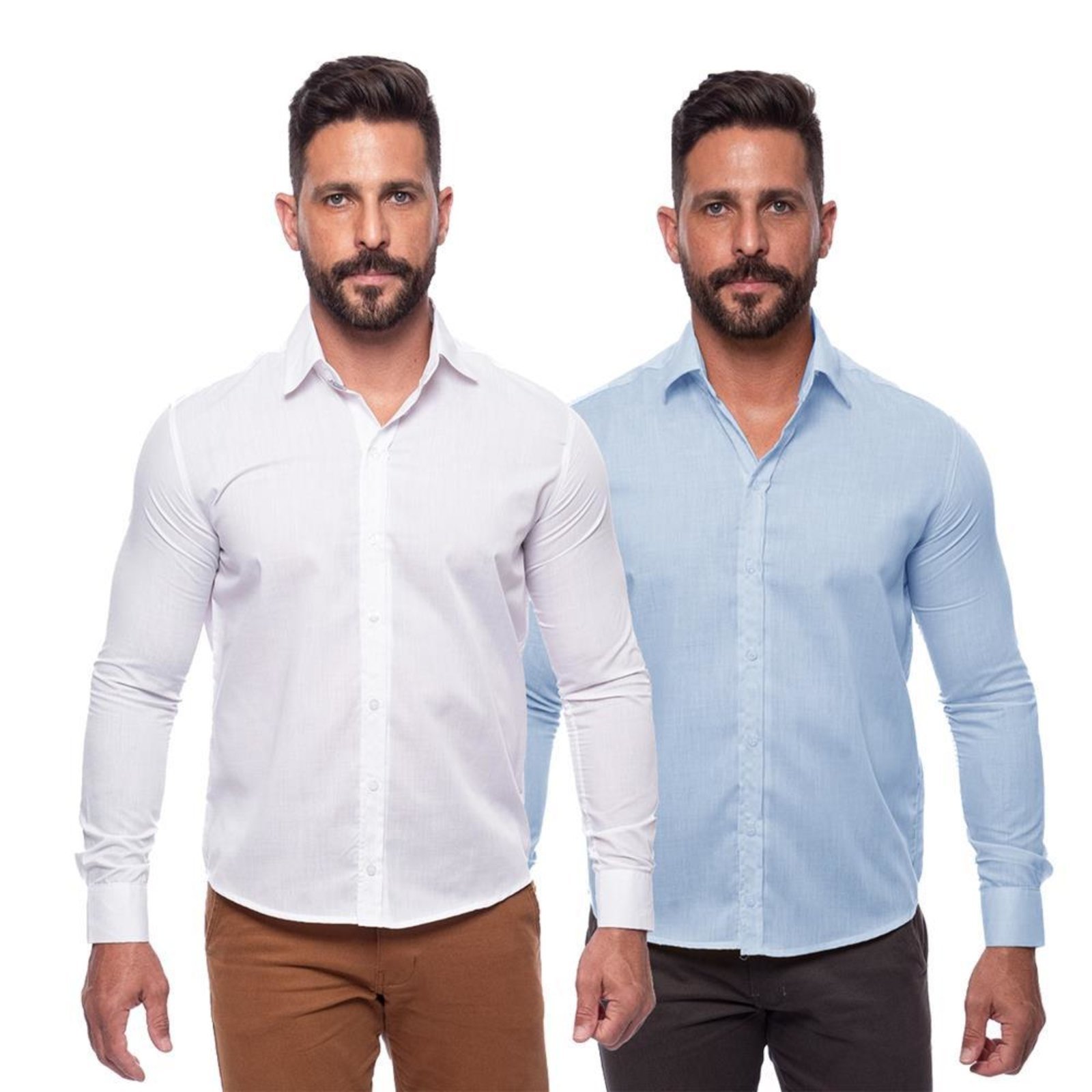 Kit Camisa Social Masculina Manga Longa Slim 2 Peças Azul Claro G Azul