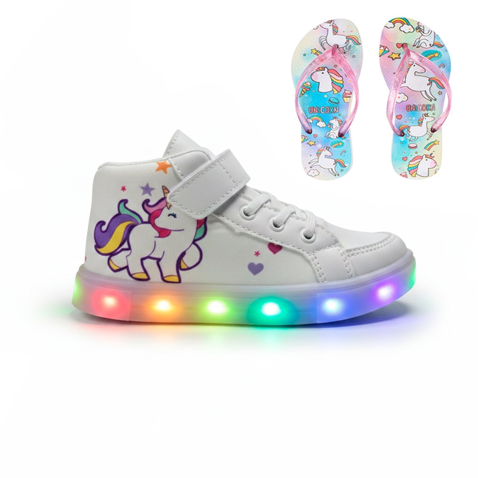 Infantil - Conjunto de Calçados com Tênis Botinha de Led para Meninas Unicórnio + Chinelo Leve e Macio