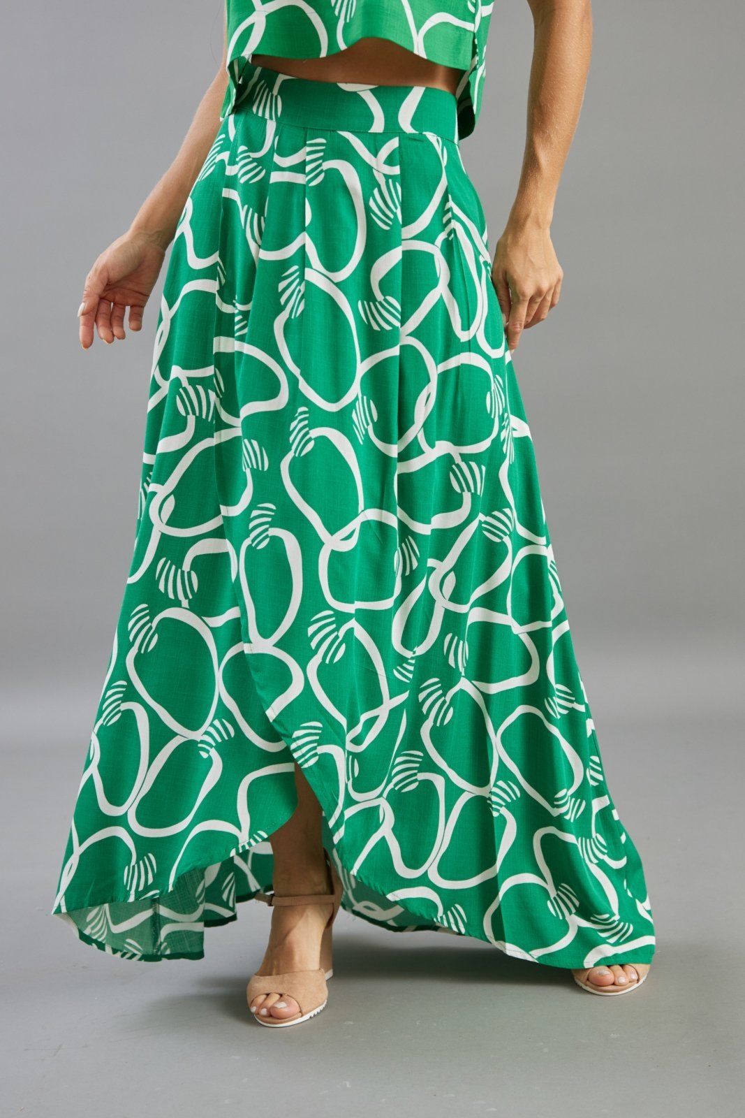 Saia Longa Lemier Collection Assimétrica Soltinha Verão Estampada com Fenda Verde