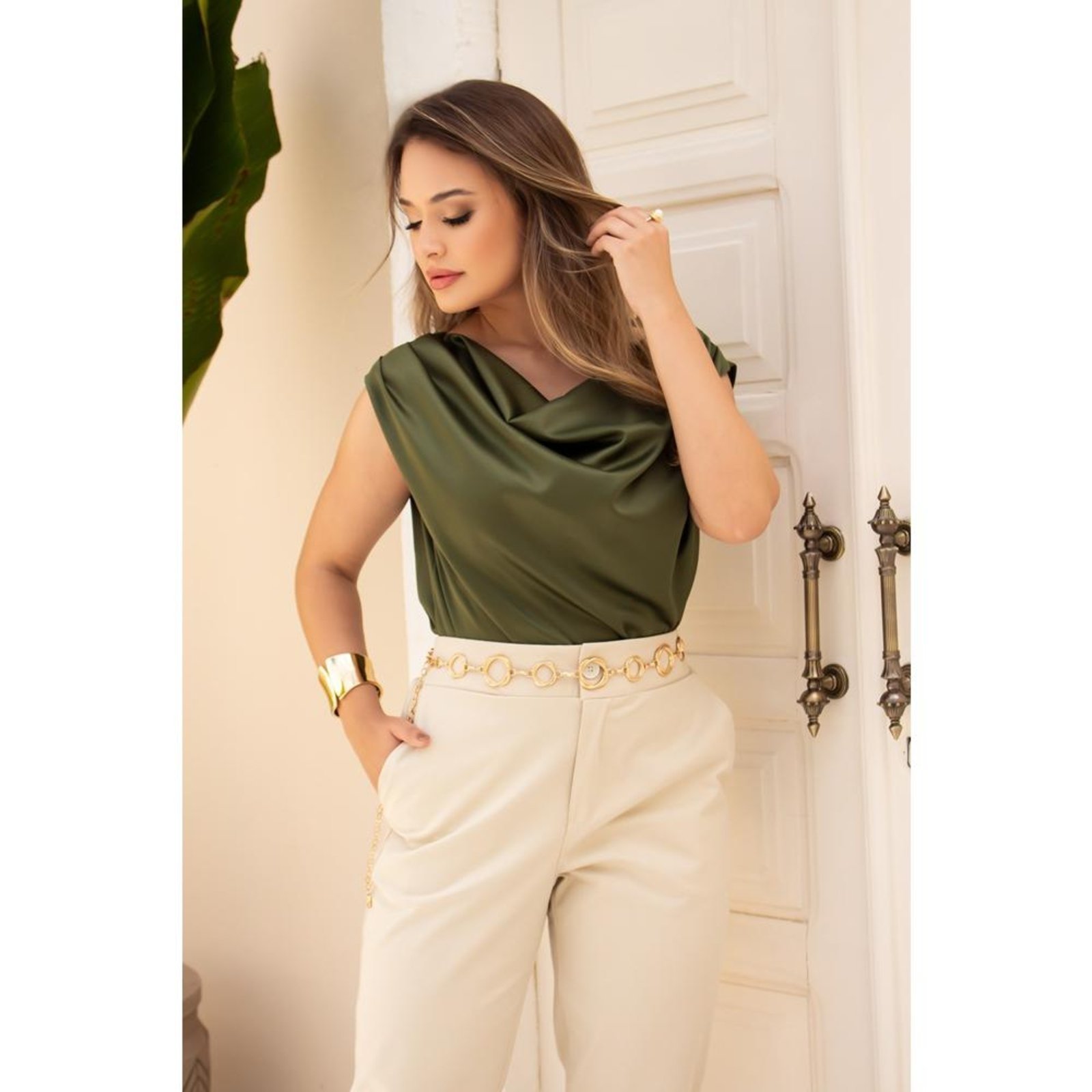 Vista 3 Blusa Feminina Tipo Seda Gola Drapeada Sofisticada Elegante TEODORO CAMISARIA branco TEODORO CAMISARIA branco