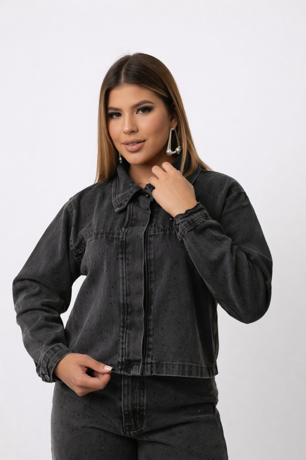 Jaqueta Jeans D Bell Outlet Fashion Strass Grafite