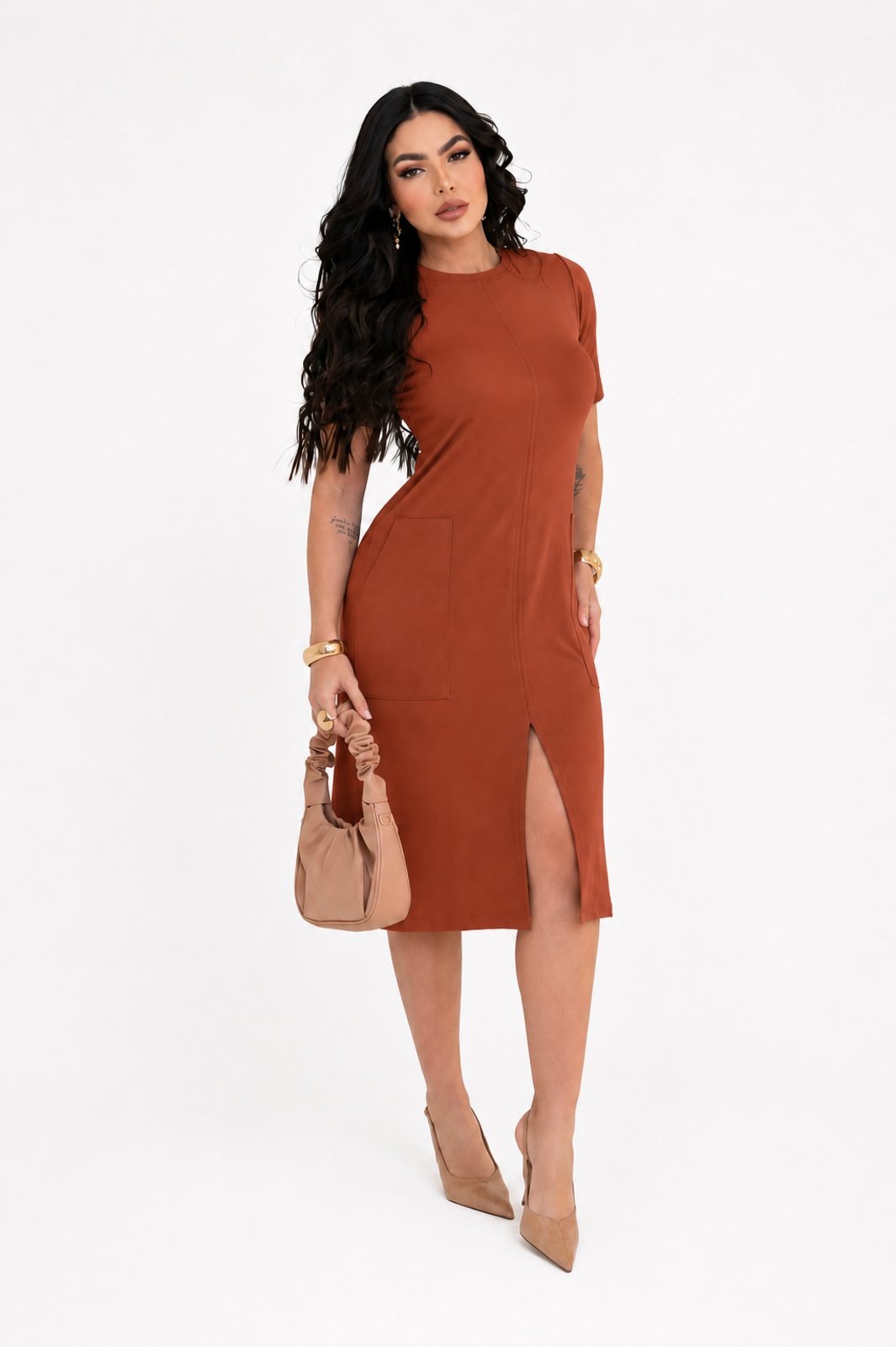 Vestido Midi D Bell Outlet Fashion Moletinho Comfy Ferrugem