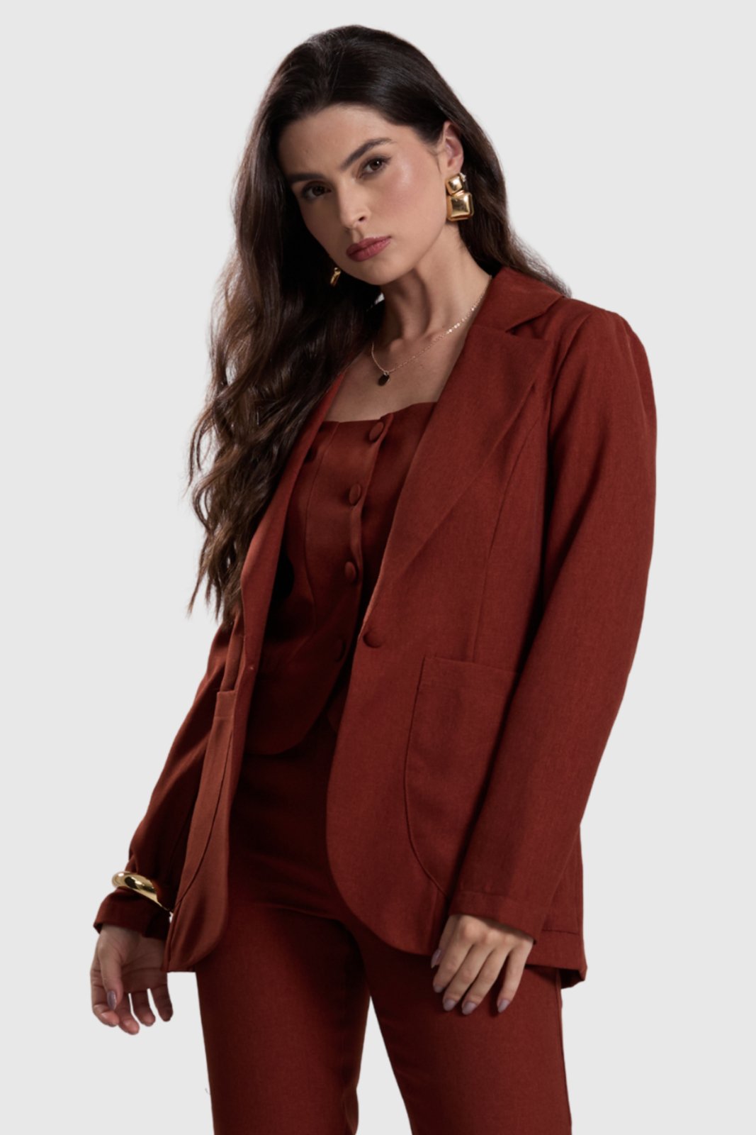 Blazer Feminino Amora Café Alongado Marrom