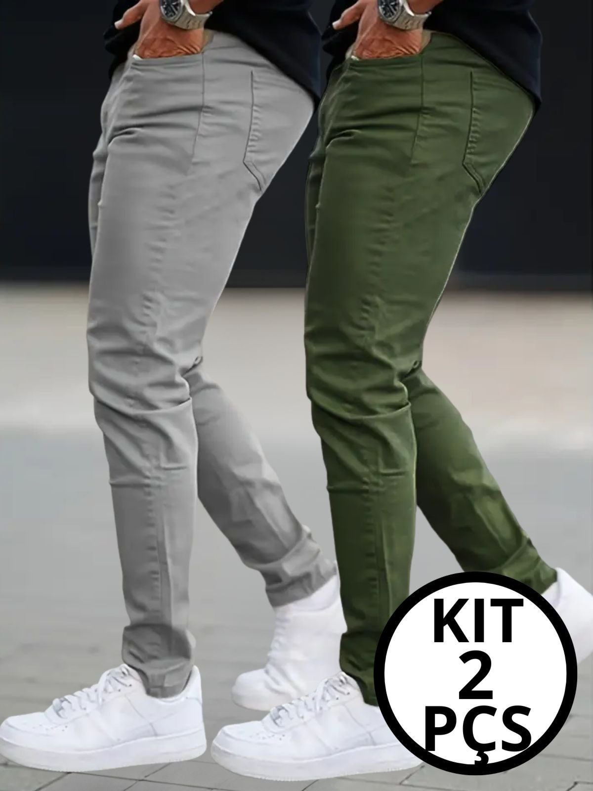 KIT 2 Calças Sarja Masculina Kovali Premium Com Elastano Confortável Bolso-Faca Cinza e Verde
