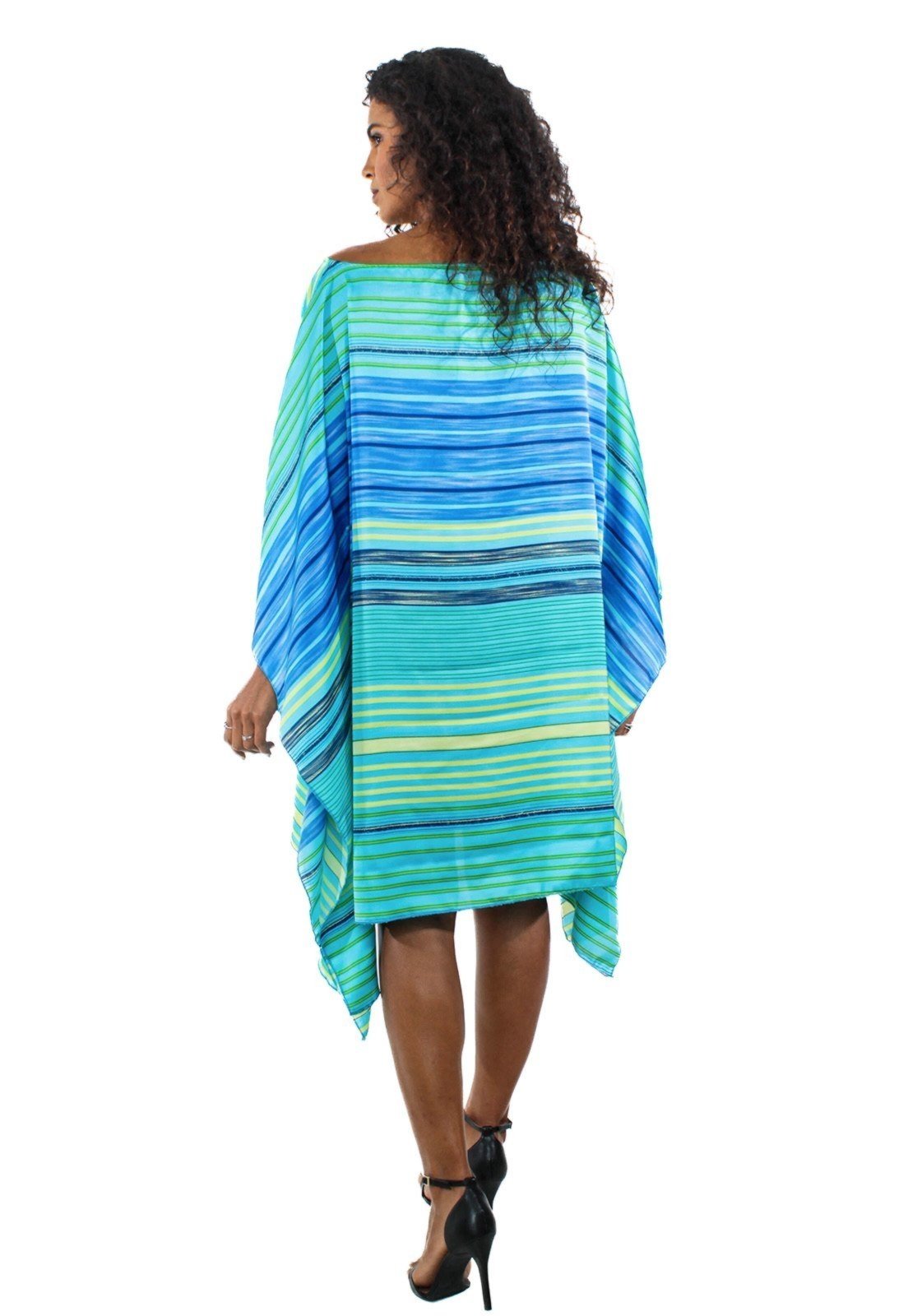 Vista 3 Vestido Kaftan Saída Amplo Crepe Acetinado Estampado Listra Verde 101 Resort Wear azul/verde verde 101 Resort Wear azul/verde verde