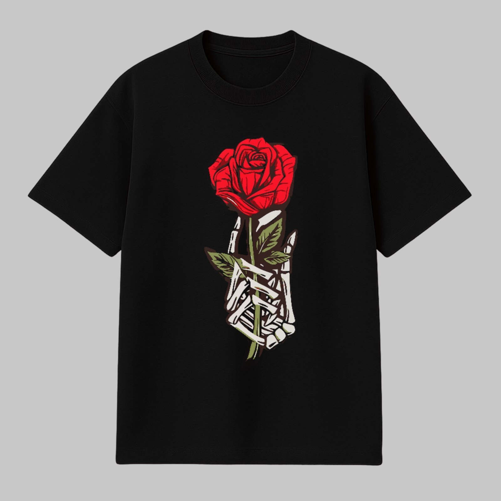 Camiseta Básica Red Rose Skeleton Hand Dark Aesthetic Style Preto