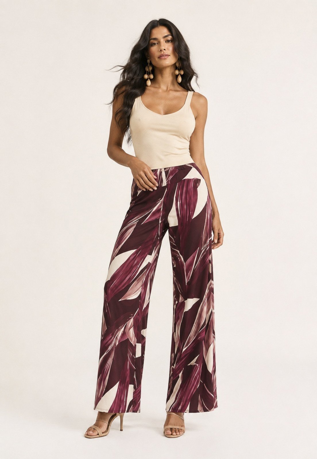 Calça CabanaFree Pantalona Granja Malha Estampa Selva Bordô