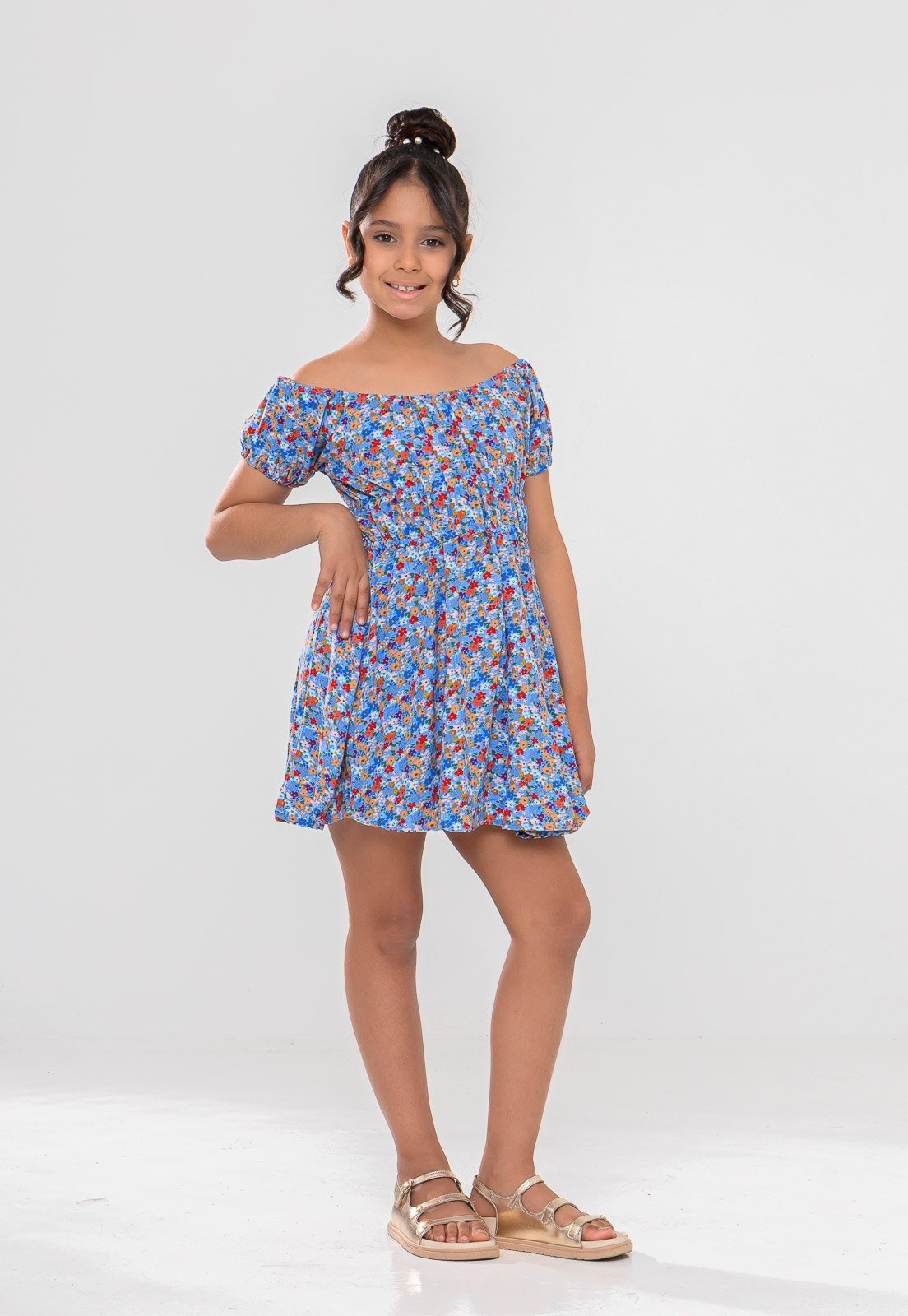 Infantil - Vestido Aura Celeste Viscolinho Floral Azul