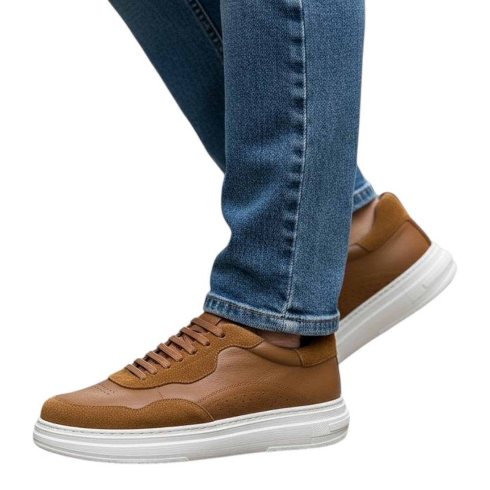Tênis Masculino Couro Legítimo Camurça Cadarço Casual Caramelo