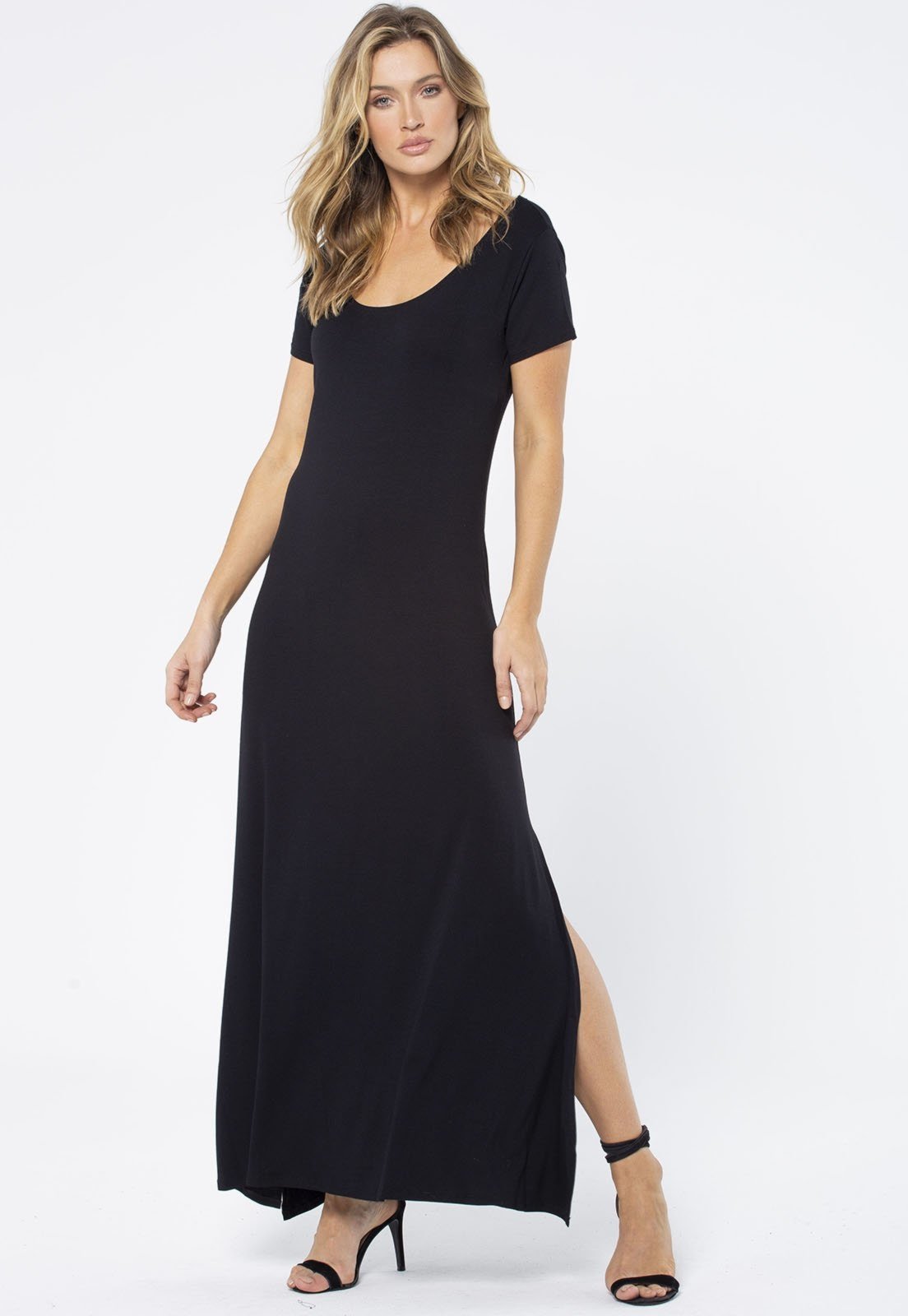 Vestido Longo Amazonia Vital Malha Gola Canoa Manga Curta Preto