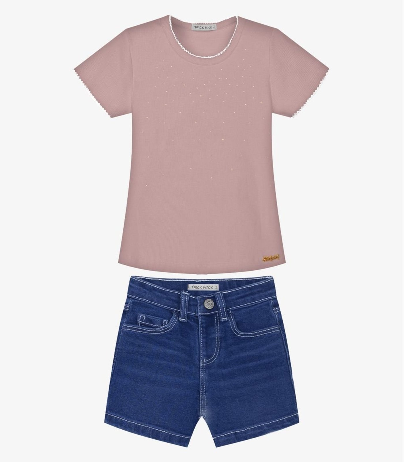 Infantil - Conjunto Blusa E Shorts Jeans Trick Nick Rosa