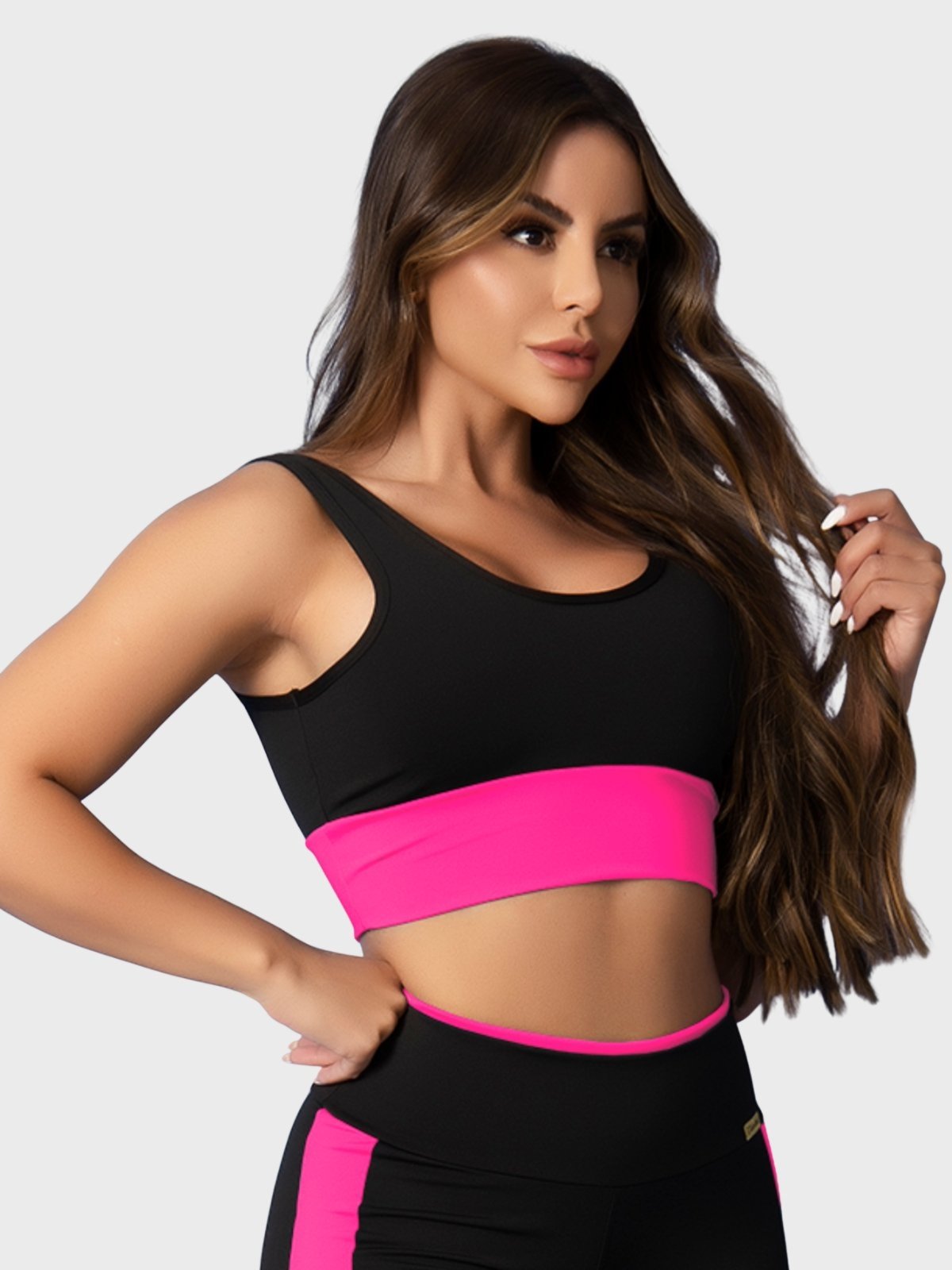 Top Fitness Tarelles Alça Larga Forrado Preto e Rosa Neon
