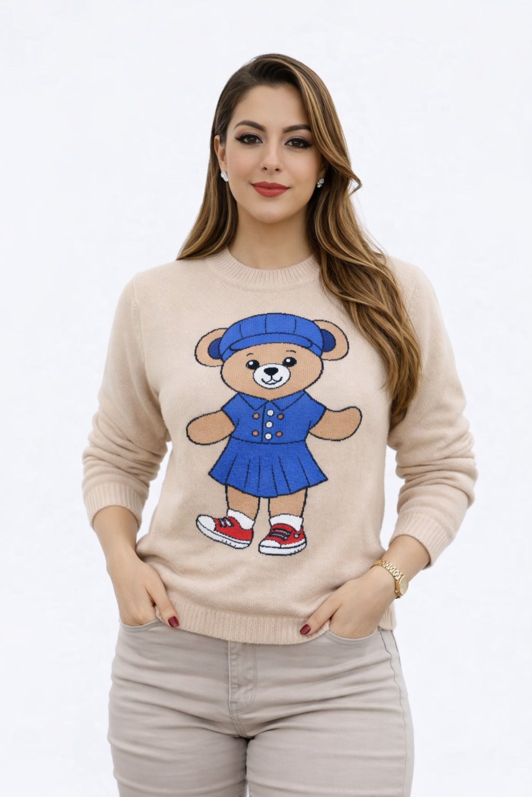 Suéter Tricôt D Bell Outlet Fashion Estampa Urso Creme