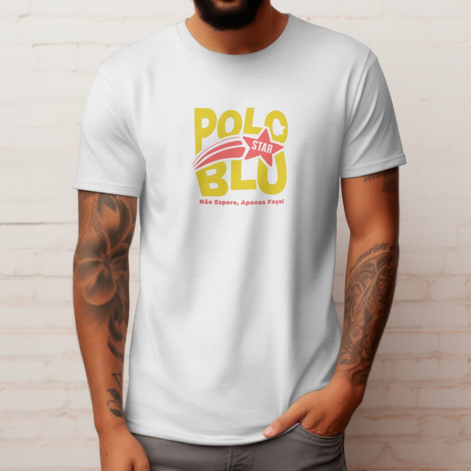 Camiseta Masculina Polo Blu Star Moderna Estampada em Algodão Branca do P ao G1