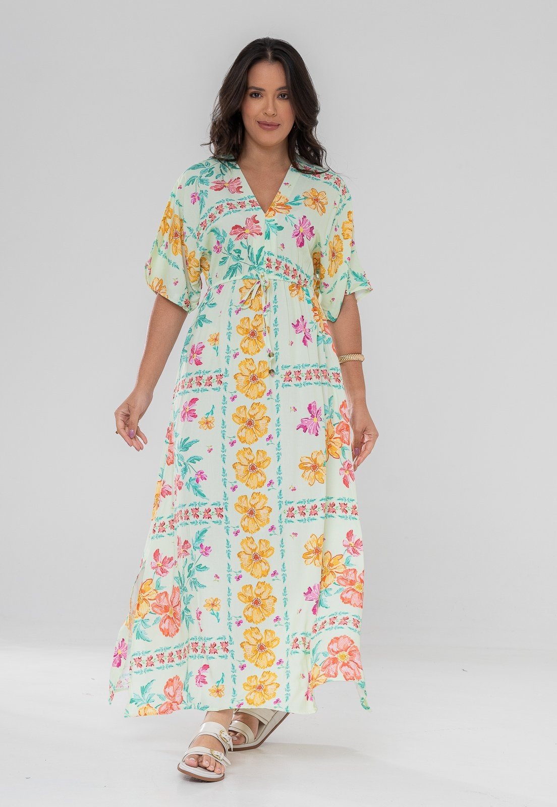 Vestido Aura Longo Romana Flores Verde