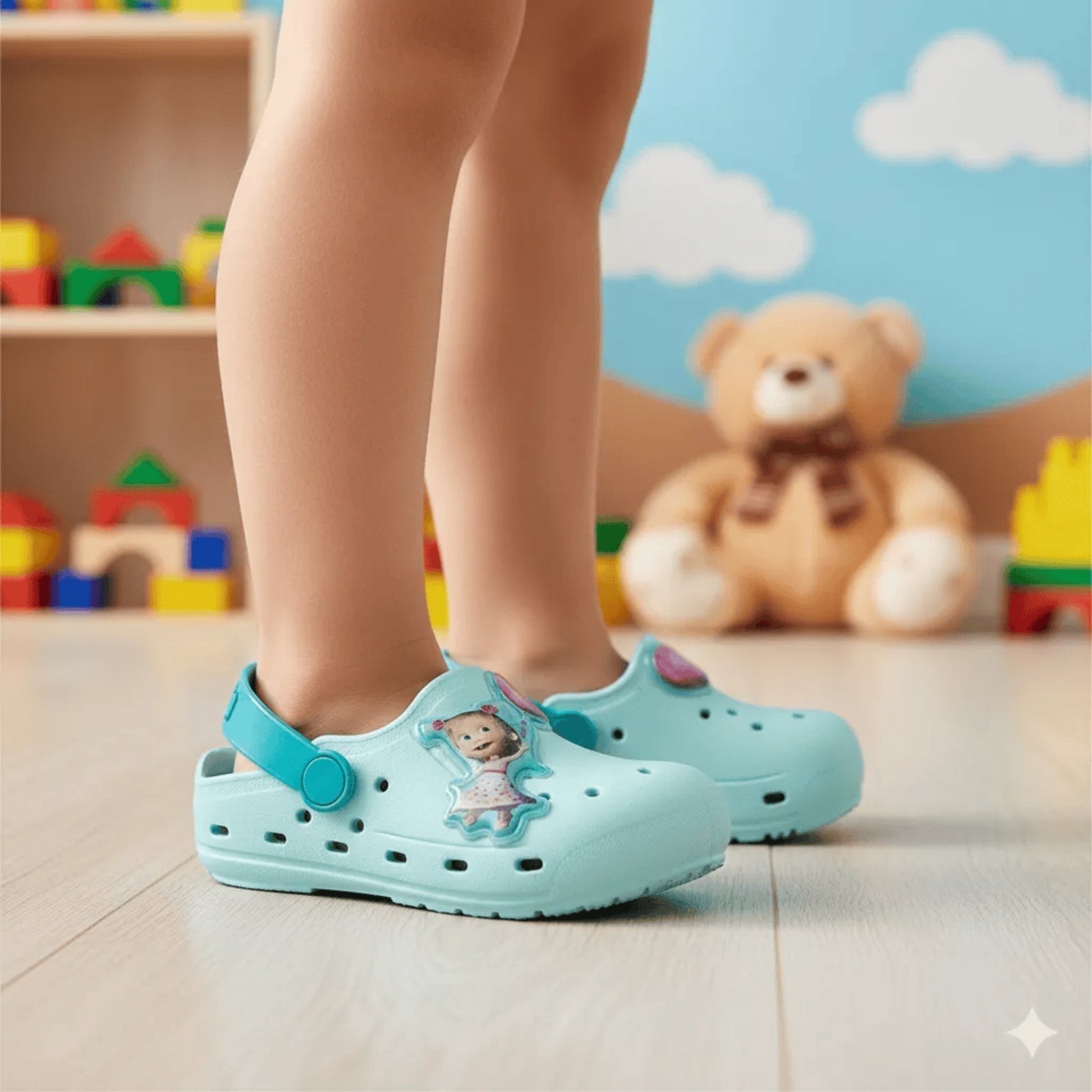 Vista 2 Infantil - Sandália Babuche Menina Pé com Pé Desenho Animado Masha Papete Confortável Macia Água verde Pé com pé verde
