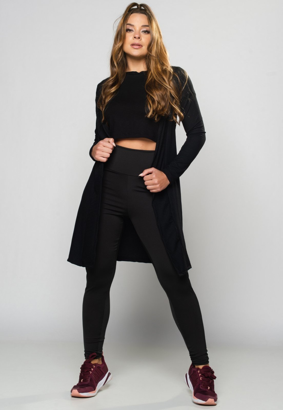 Cardigan MVB Modas Canelado Feminino Kimono Blusa de Frio Preto