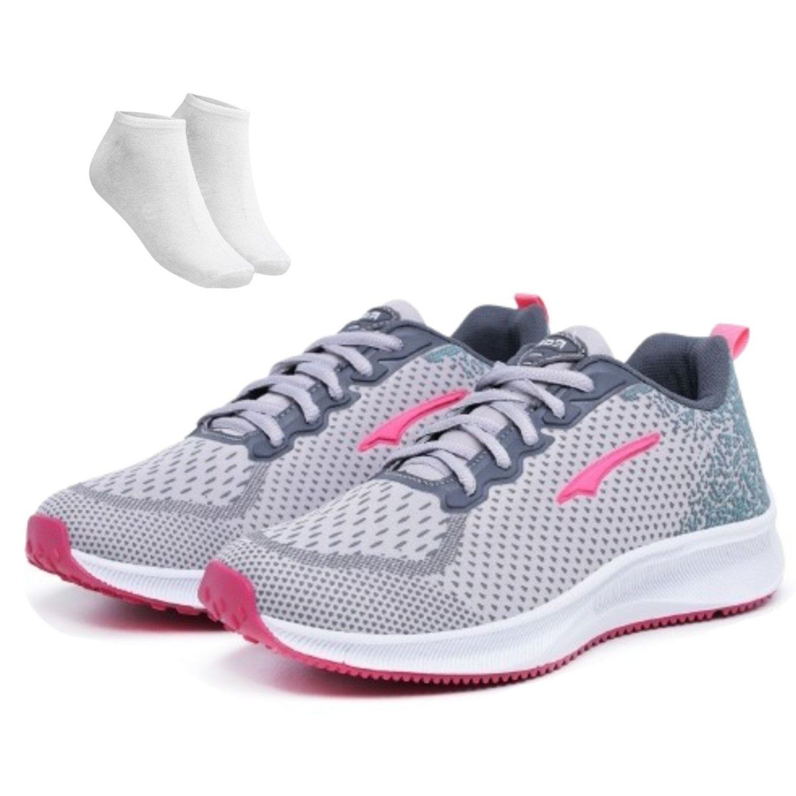 Kit Tênis Casual Feminino Esportico Leve Super Macio Ortopédico Cinza Pink + Meia