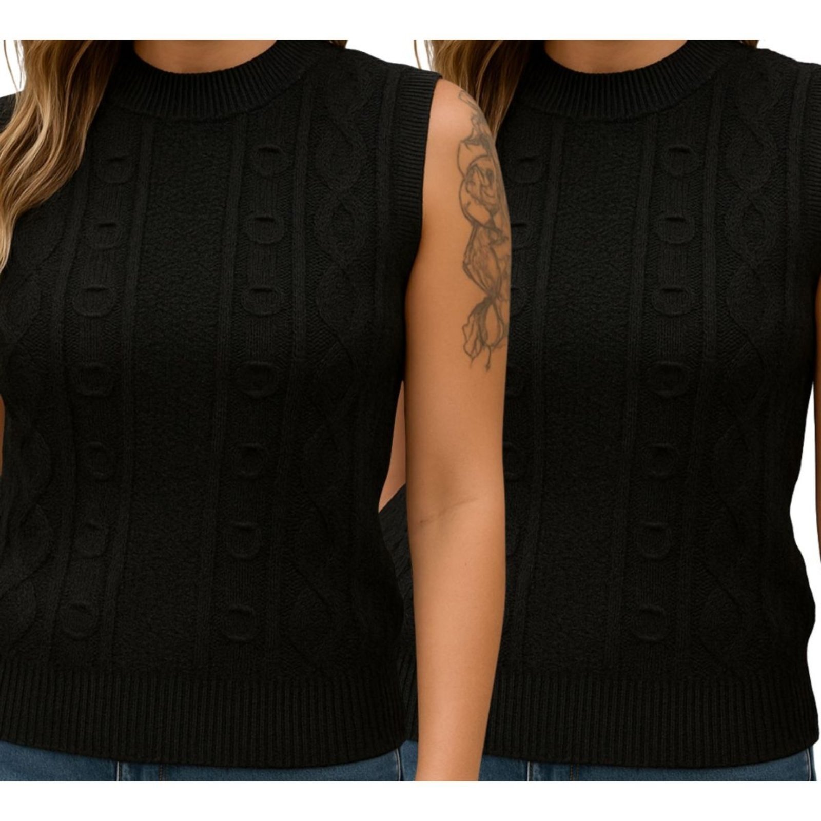 Kit 2 Blusas de Tricô FMF Preta Sem Manga Básica Casual Preto