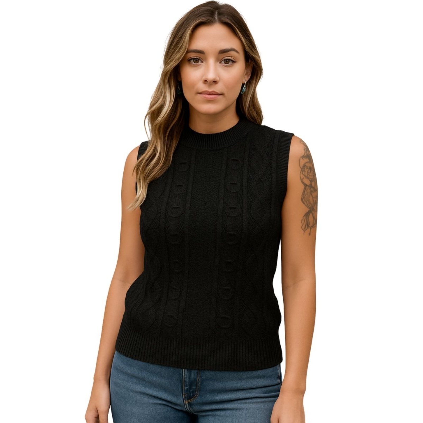 Vista 3 Kit 2 Blusas de Tricô FMF Preta Sem Manga Básica Casual preto FMF preto