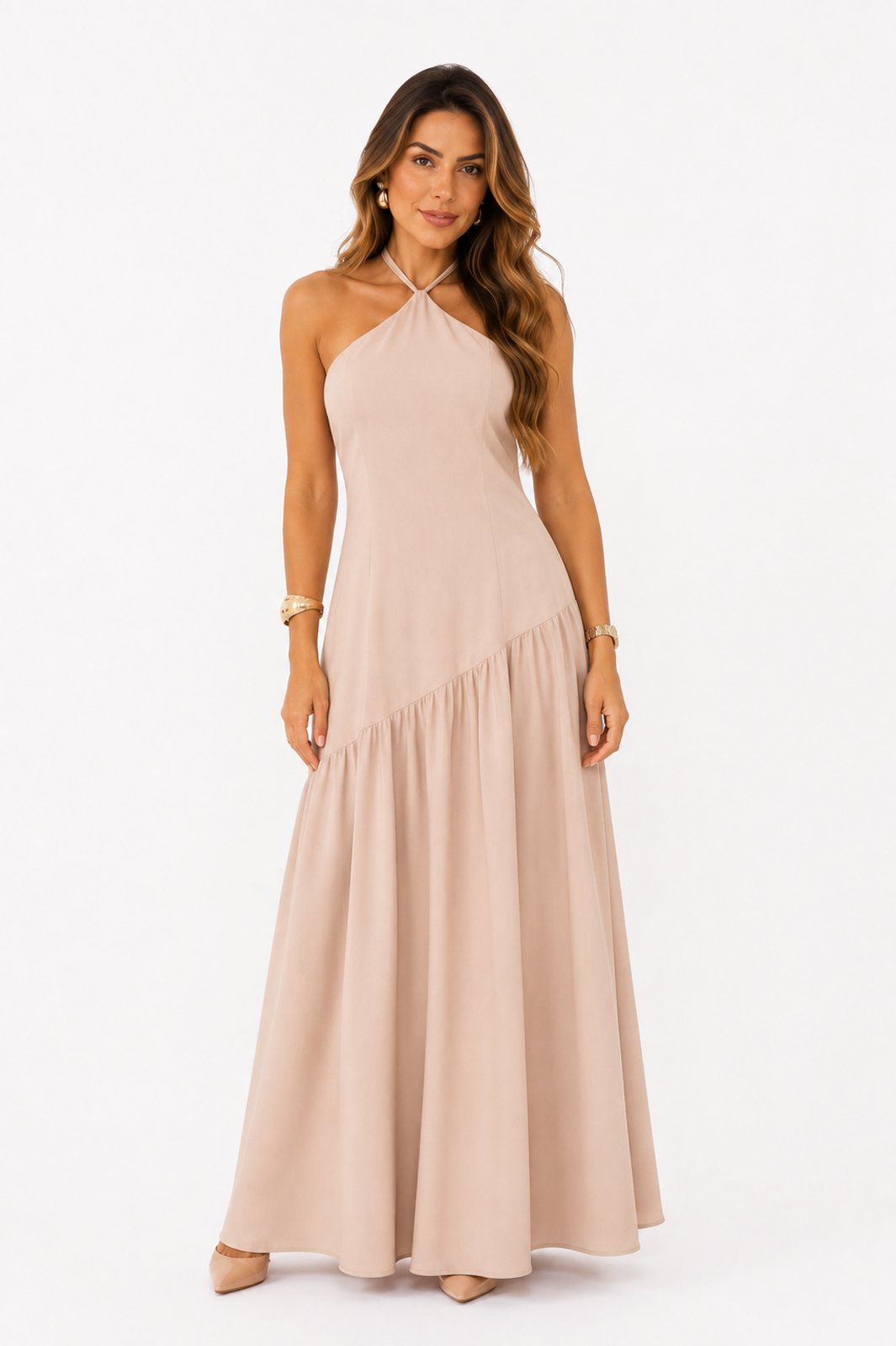 Vestido Longo D Bell Outlet Fashion Recorte Assimétrico Nude