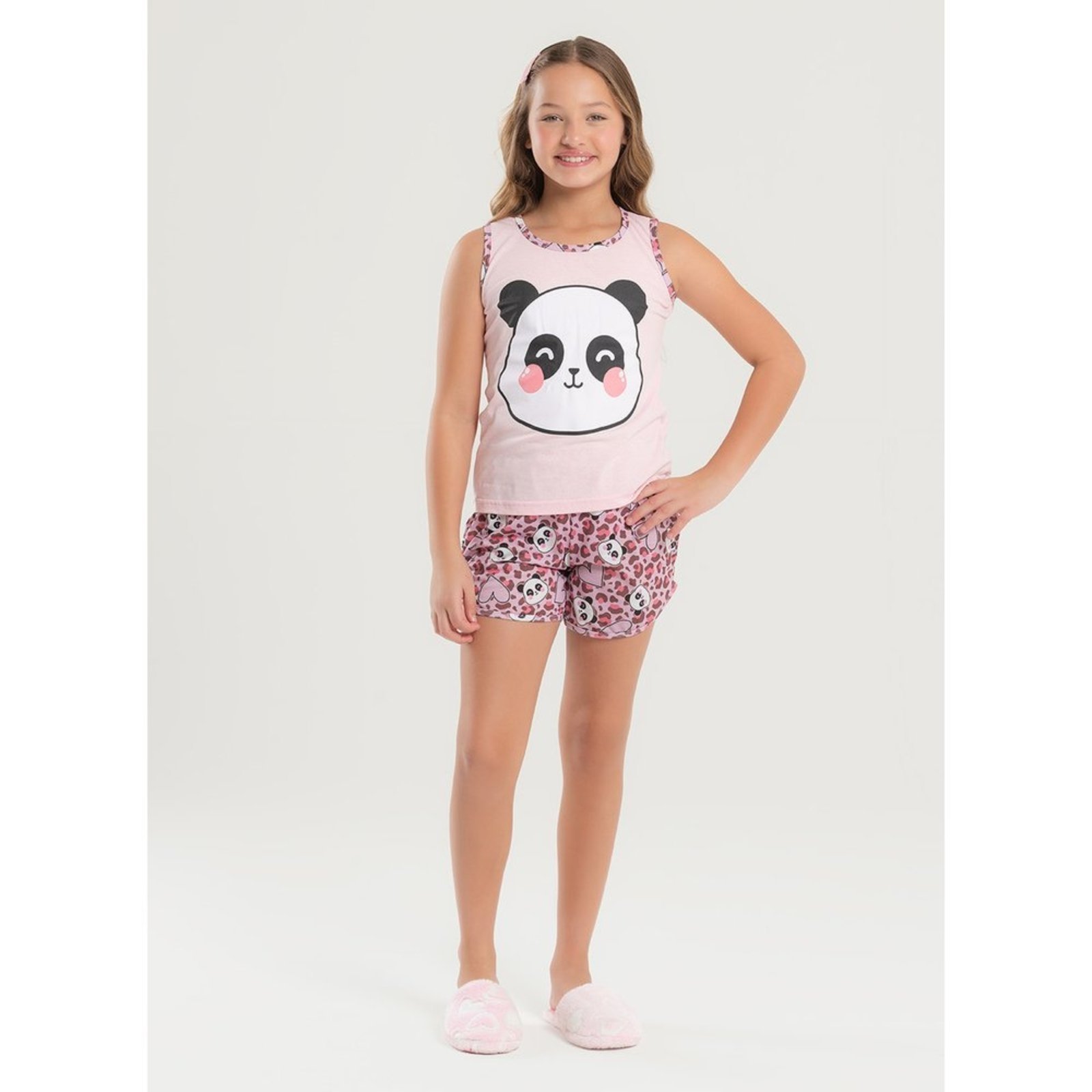 Pijama Verão Menina Rosa Regata e Shorts Panda