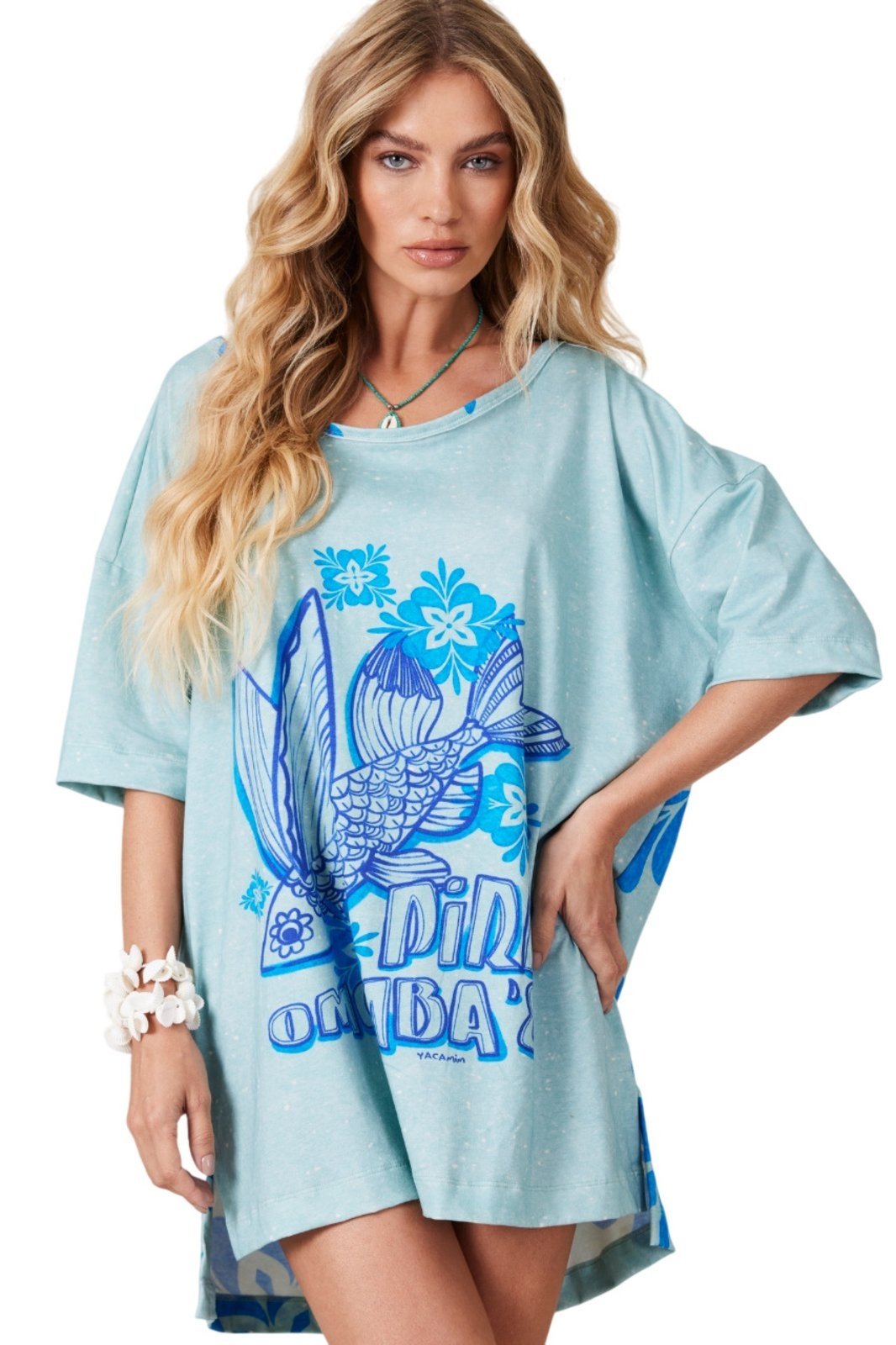Camiseta Básica Azul Coleção Pira Omomba”e Yacamim K5 – Estampado