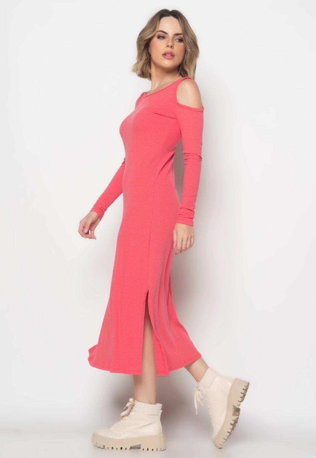 Vestido Midi Ombro Vazado Manga Longa Canelado Salvatore Fashion Melancia