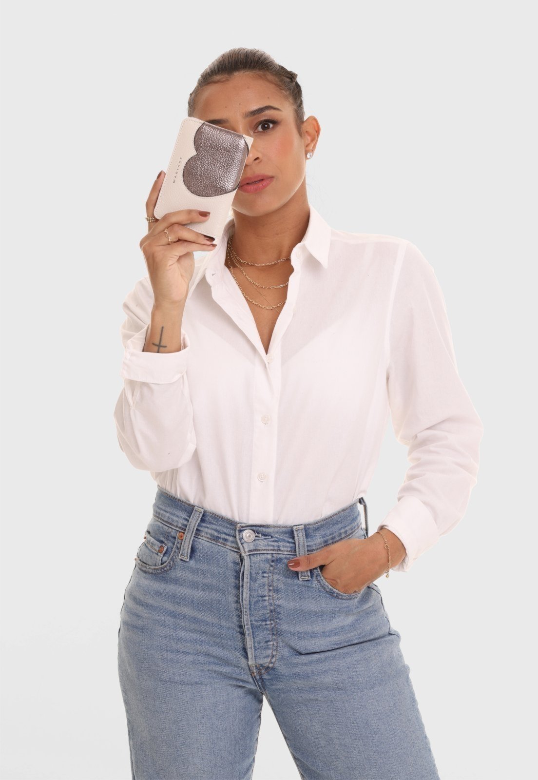 Vista 3 Carteira de Couro Mariart 669 Off White/Onix off-white/prata white Mariart off-white/prata white