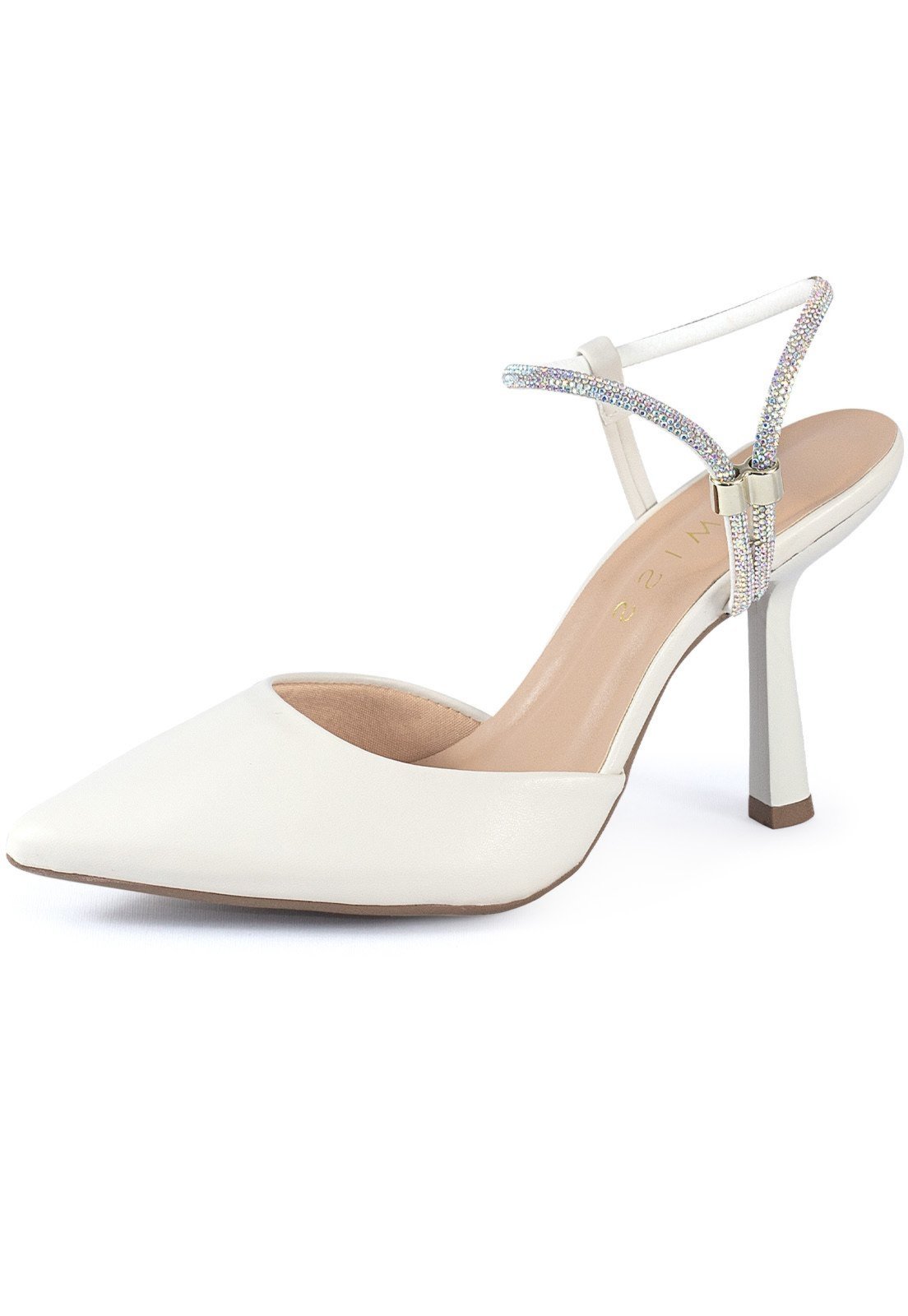Scarpin Feminino Slingback Lumiss Sapato Salto Fino Strass Brilho Confortável Off White