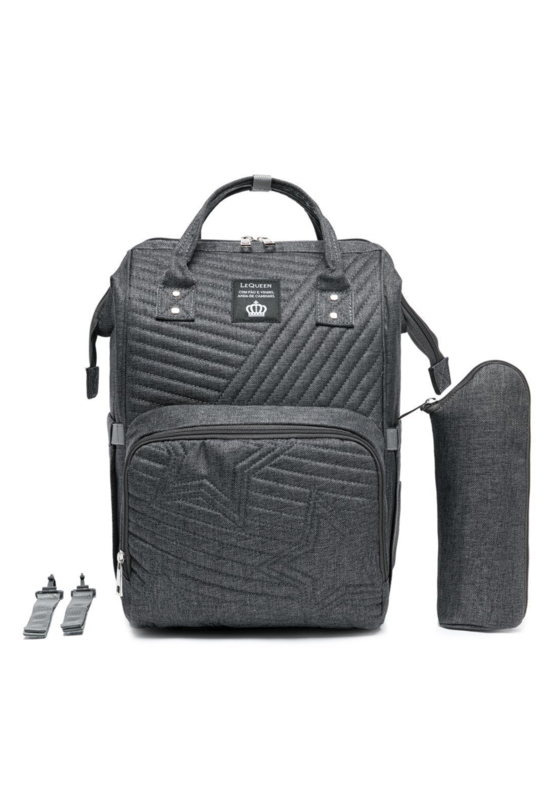 Infantil - Mochila Maternidade Mamãe Lequeen Impermeável Porta Mamadeira Térmico Cinza