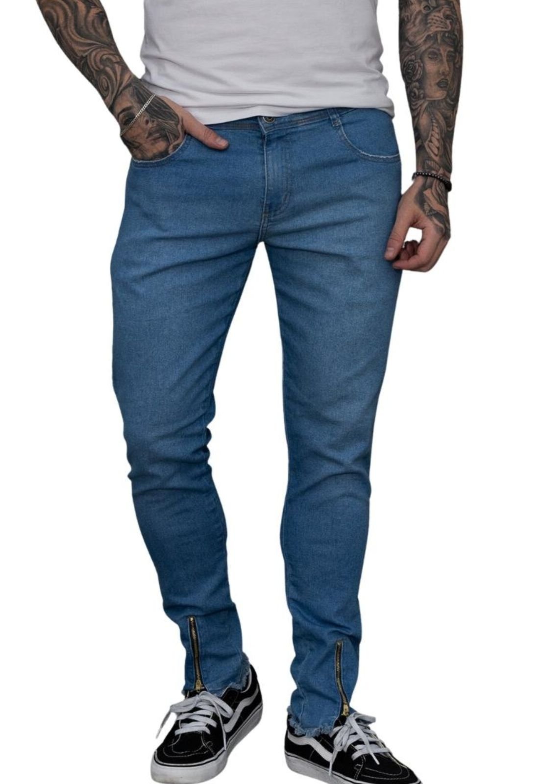 Calça Masculina Jeans Super Skinny Com Ziper na Barra Power Elastano Premium