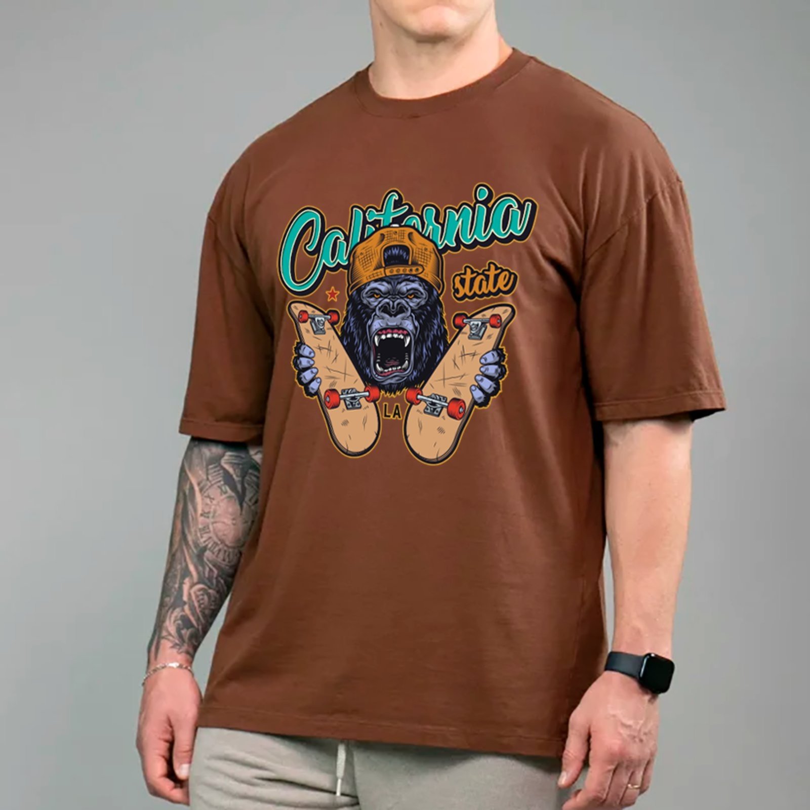 Camiseta Ousy California State Gorila Skate Oversized Unissex Marrom