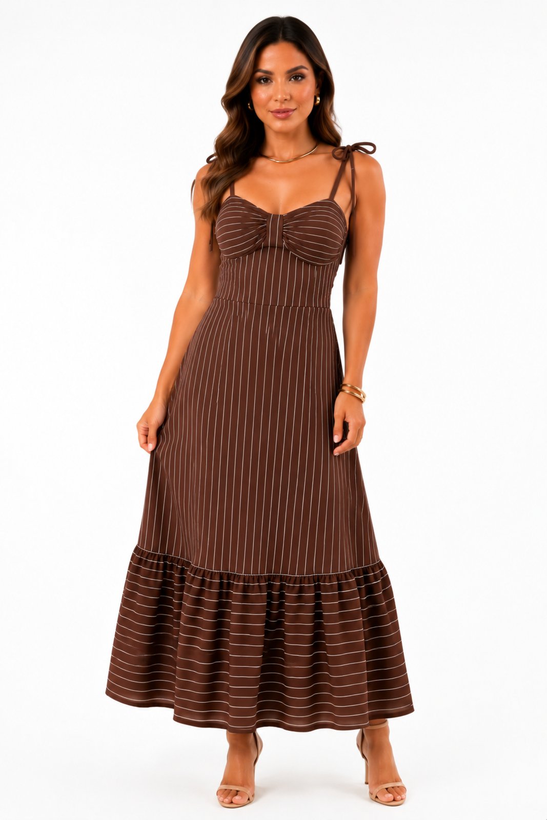 Vestido Midi D Bell Outlet Fashion Evasê Marrom