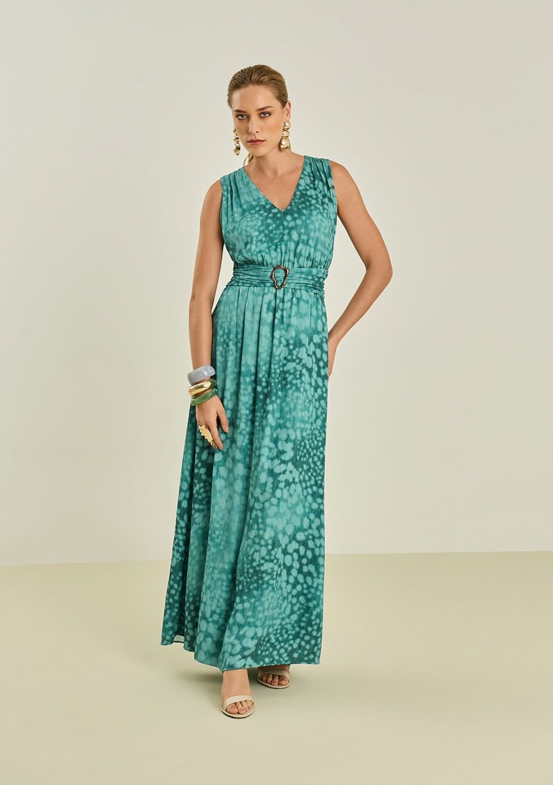 Vestido Maria Valentina Ajustado Decote V Sem Manga Longo Azul