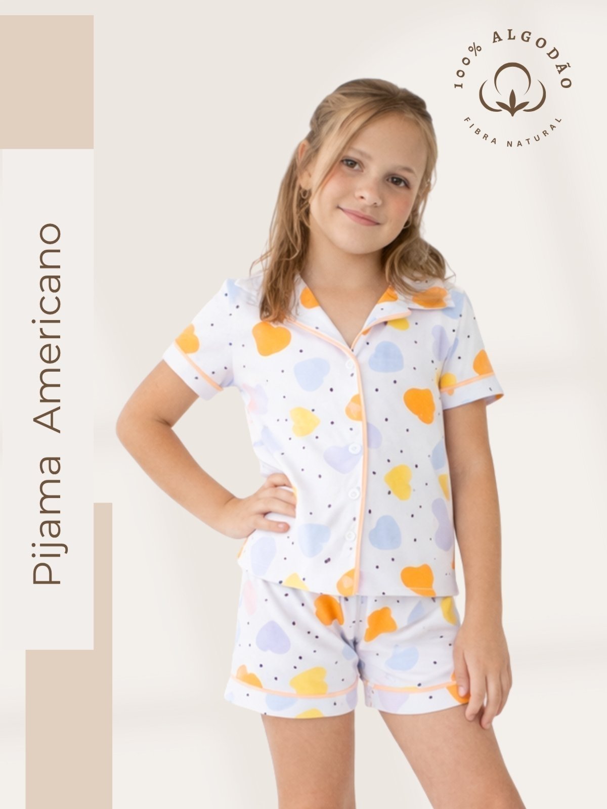 Pijama Algodão Americano Menina Curto Helena - Corações Coloridos