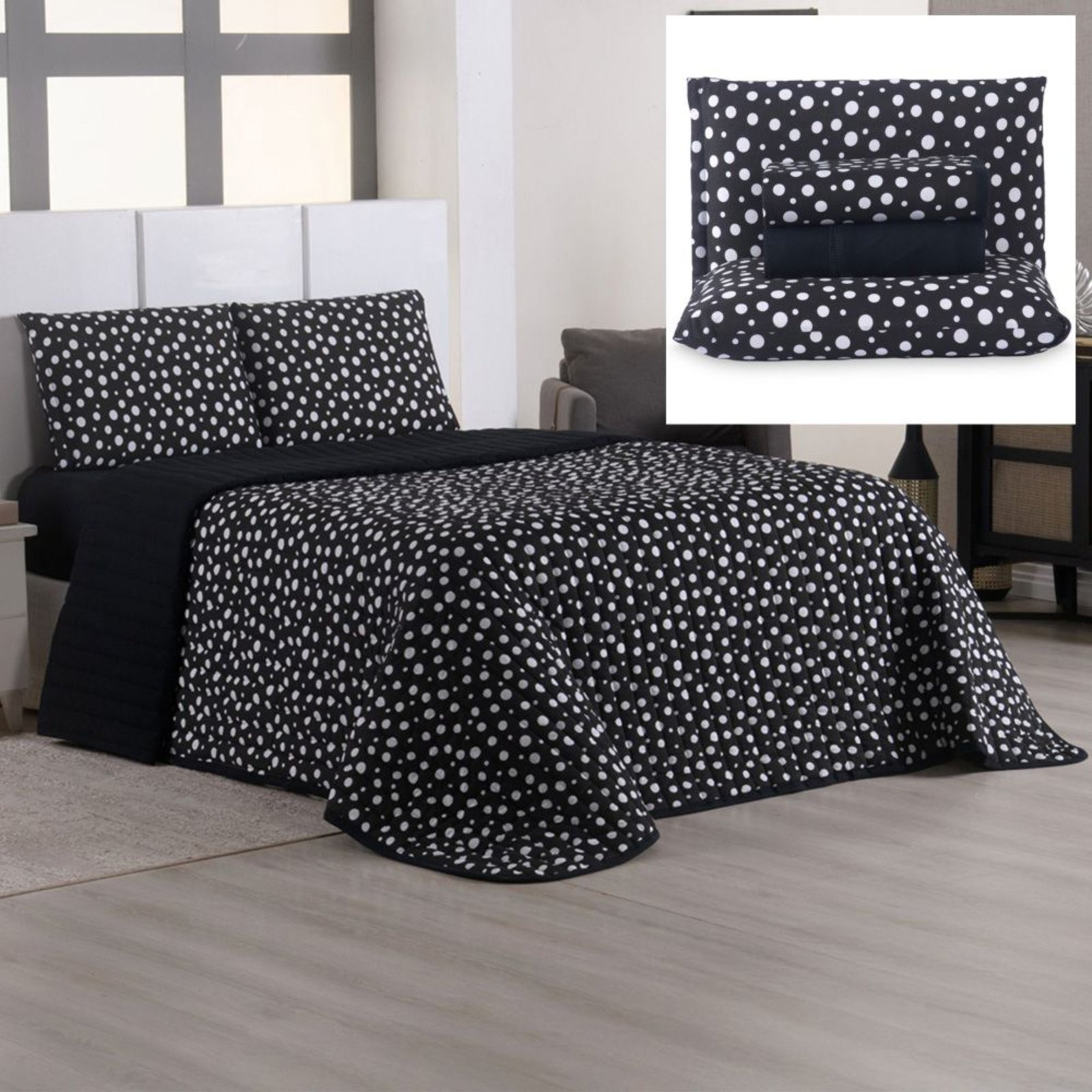 Coordenado Cobre Leito Colcha e Lençol Pratik Poá Queen 7 Peças Preto - 100% Poliéster
