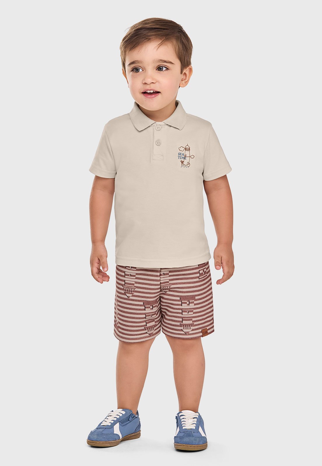 Infantil - Conjunto Curto Elian Polo Listrado Bege