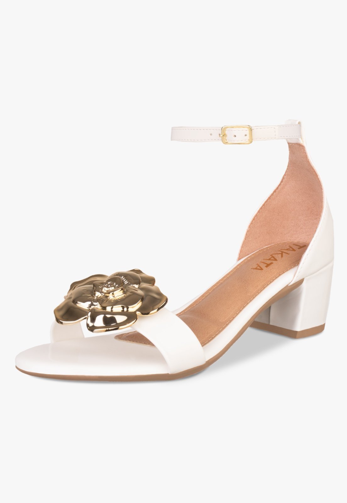 Sandália Feminina Salto Bloco Grosso Baixo Takata Flor Luxo Metalizada Festa Branco