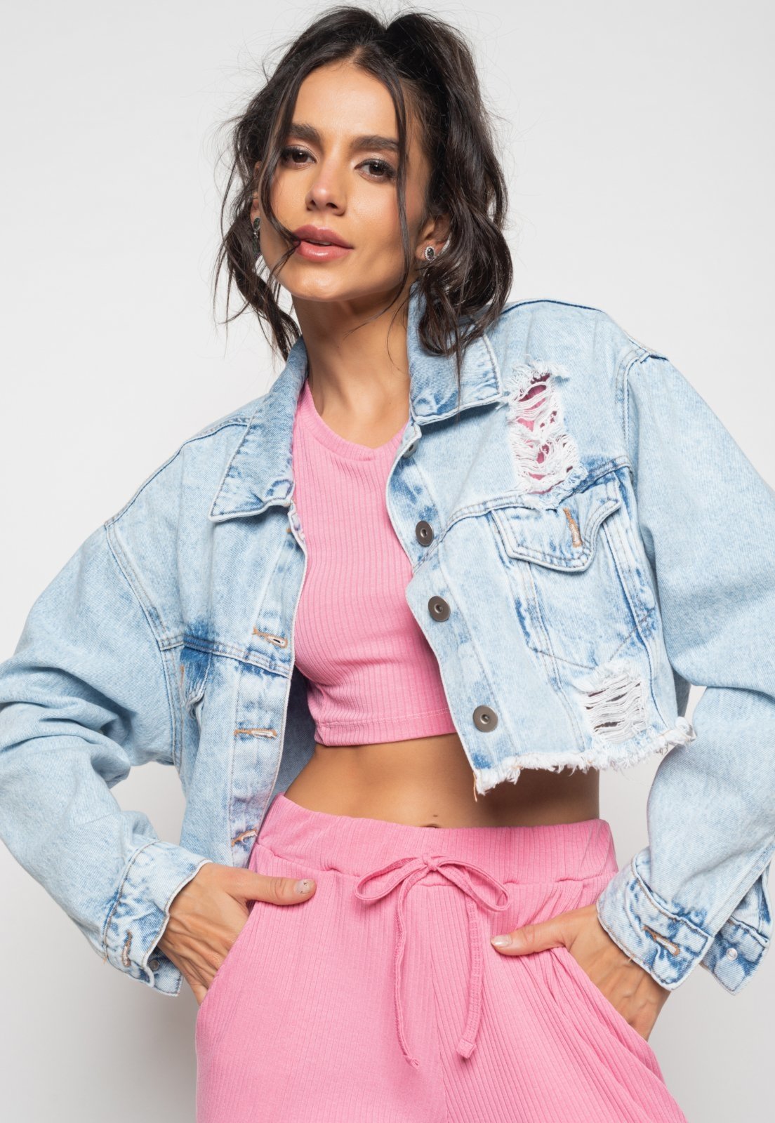 Jaqueta Jeans Cropped Oversized Salvatore Fashion Azul
