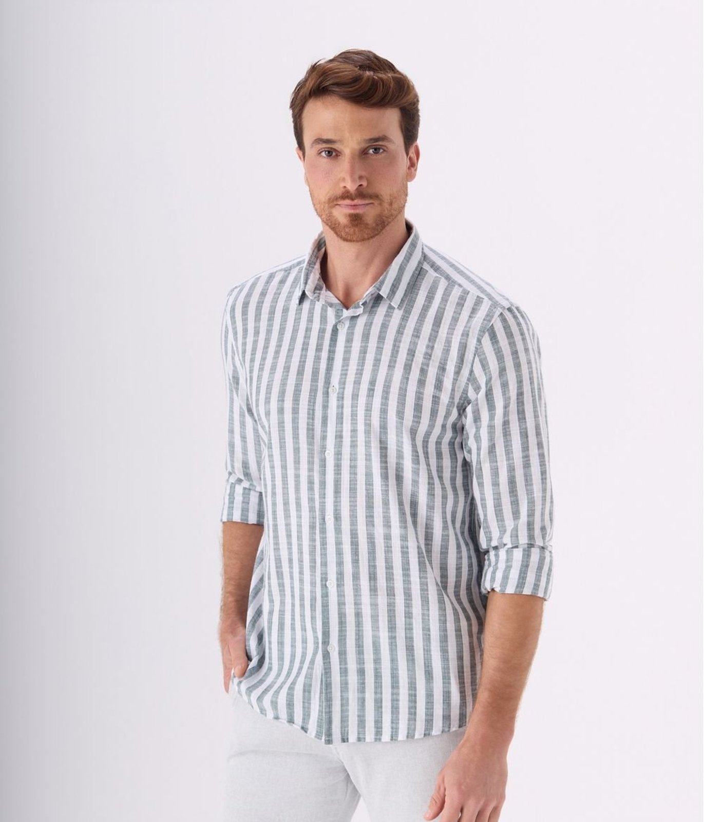 Camisa Makenji Casual Listras Masculina Verde