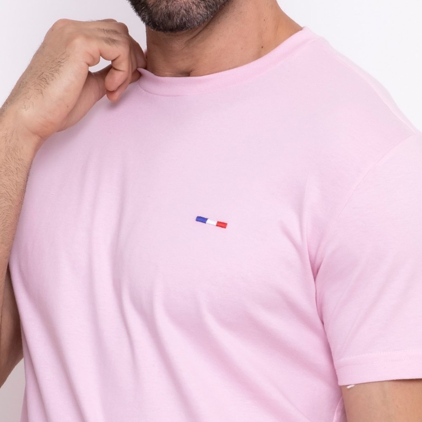 Camiseta Básica Masculina em Algodão Premium Bordado Premium França Rosa