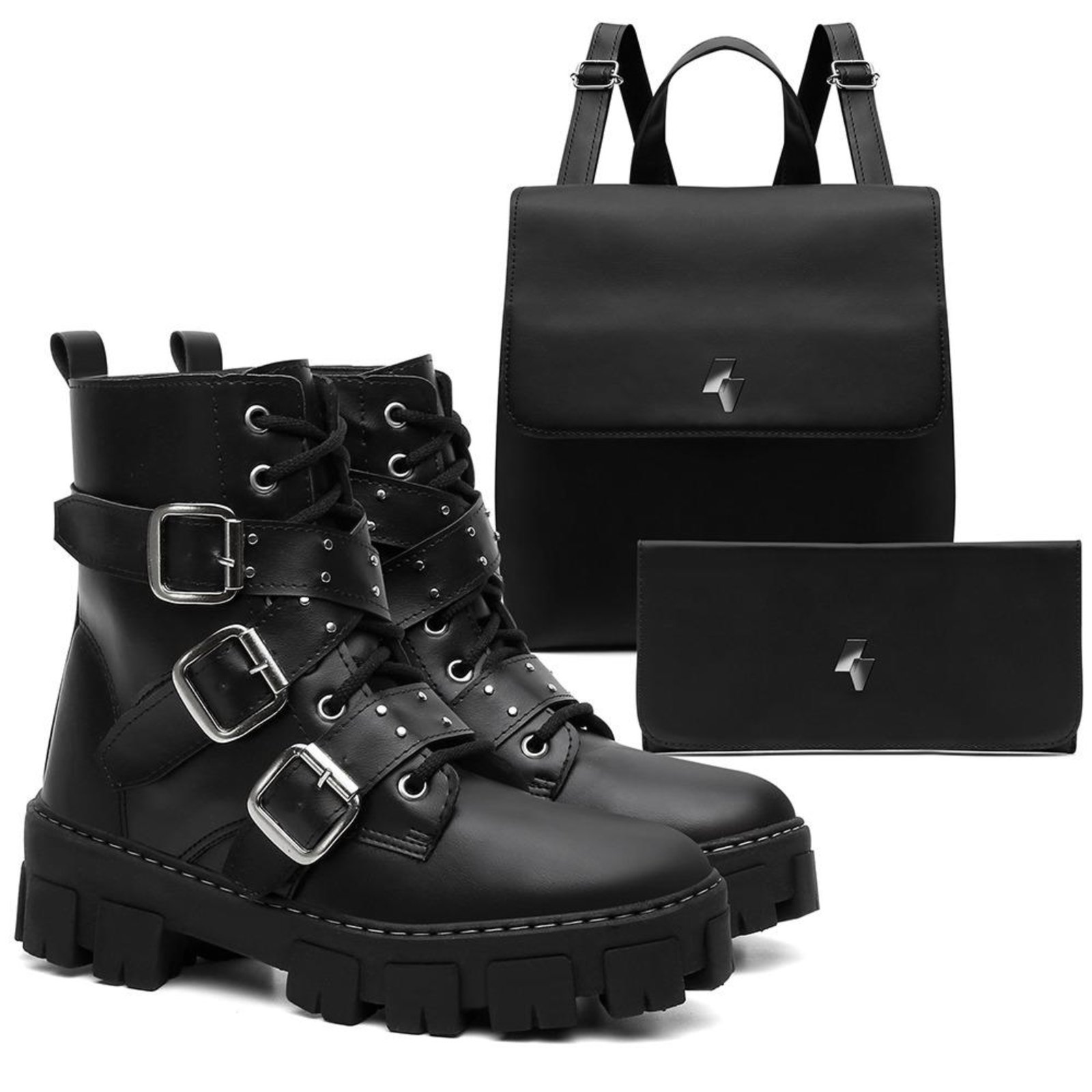 Kit Coturno Feminino Veritimo Bota Cano Baixo Tratorada Casual Street Bolsa e Carteira Preto