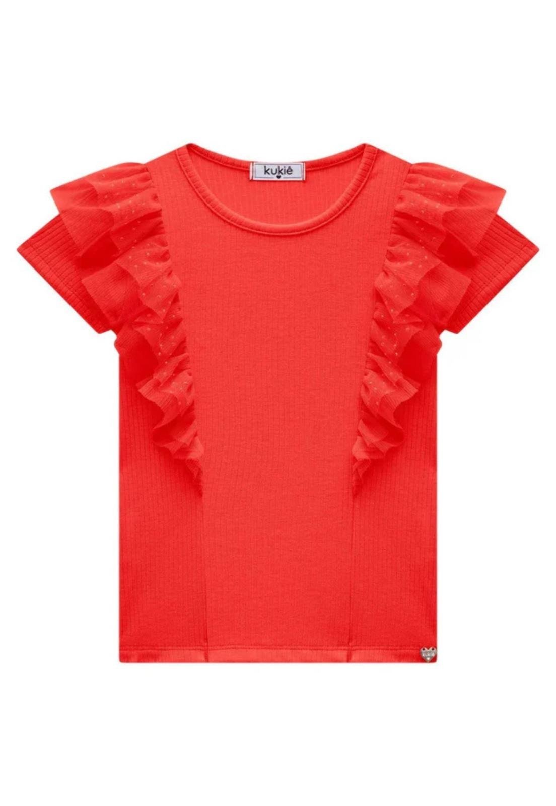 Infantil - Blusa em Malha Canelado e Tule Kukiê Vermelho