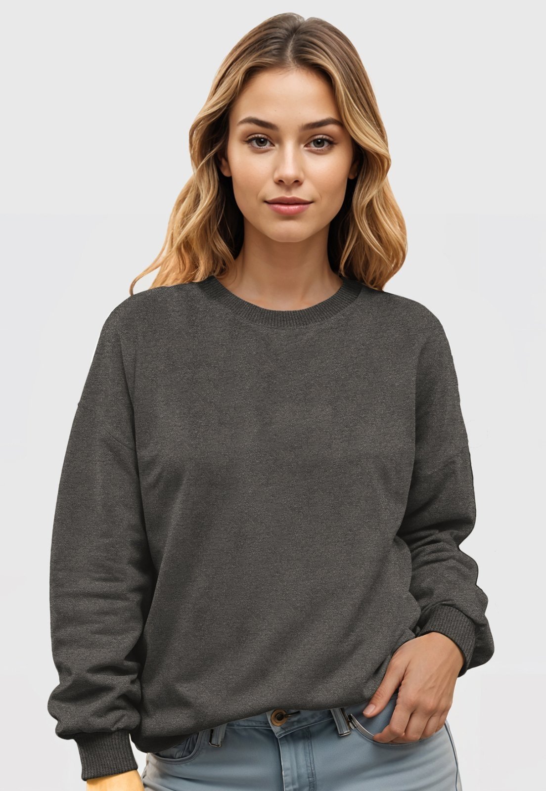 Vista 2 Blusa de Frio Moletom Feminino Flanelado Benellys Liso Gola Redonda Chumbo grafite Benellys grafite