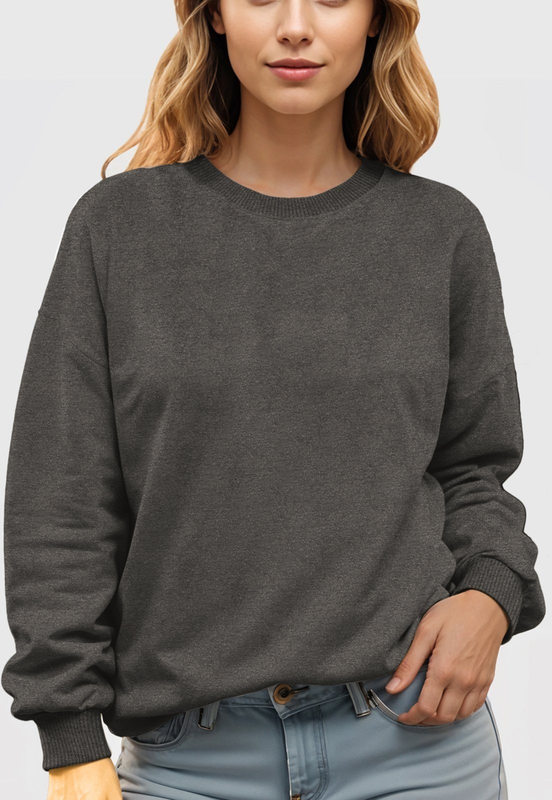 Vista 3 Blusa de Frio Moletom Feminino Flanelado Benellys Liso Gola Redonda Chumbo grafite Benellys grafite