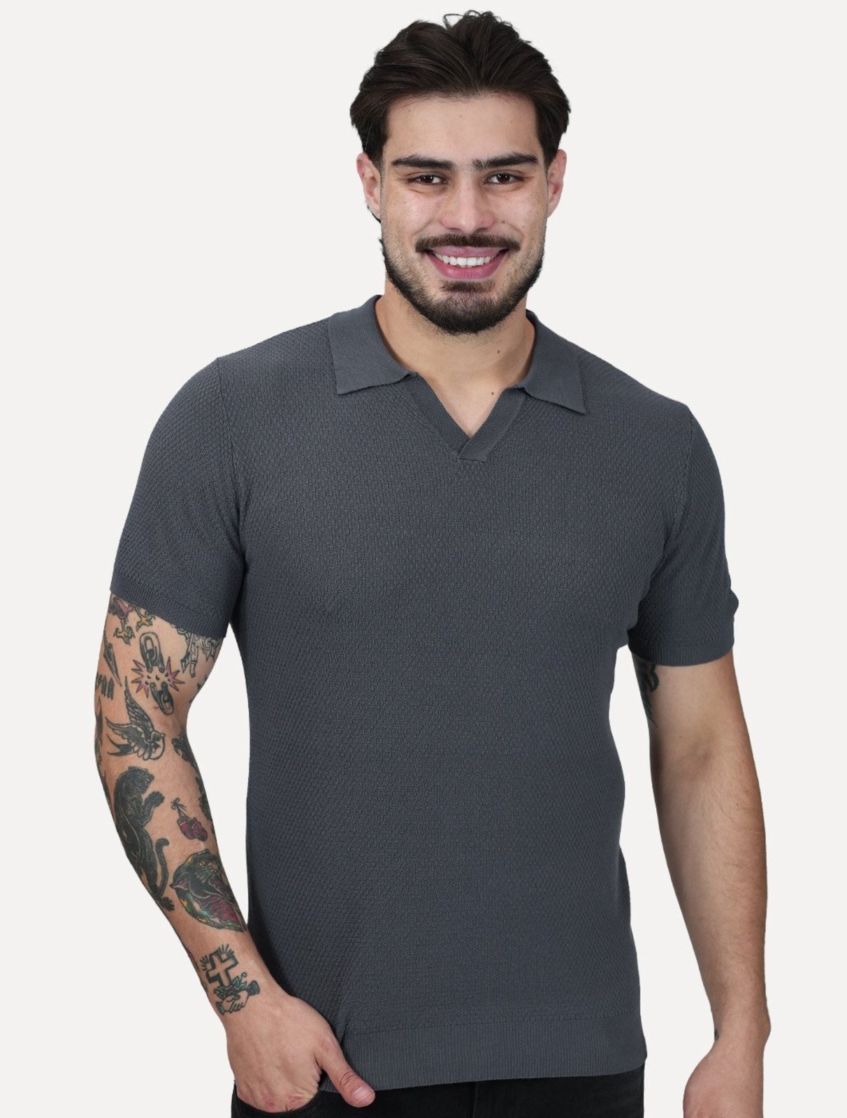 Tricô Dixen Manga Curta Gola Polo Cinza
