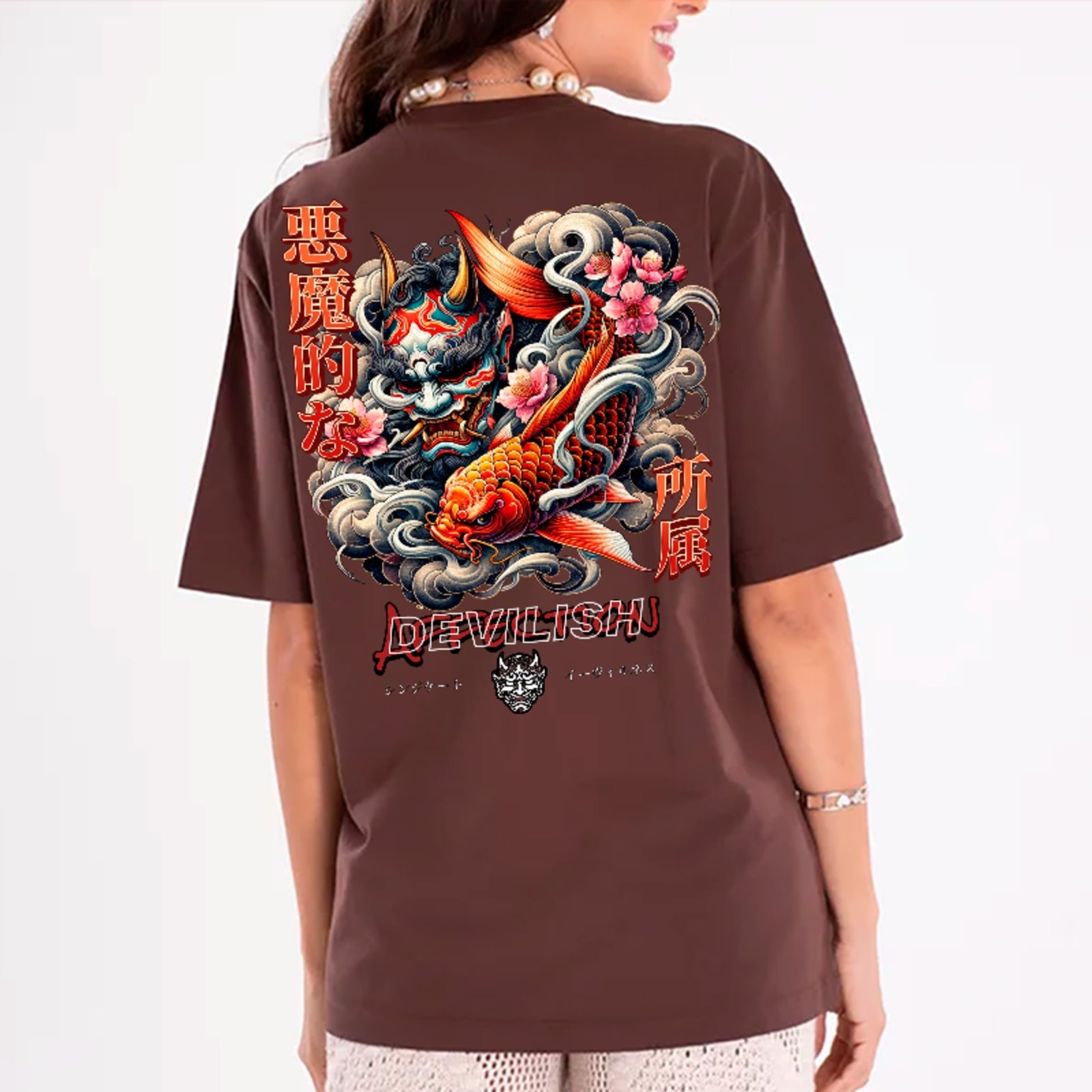 Camiseta Oversized Premium Oni Demon Koi Fish Japan Streetwear Unissex Marrom