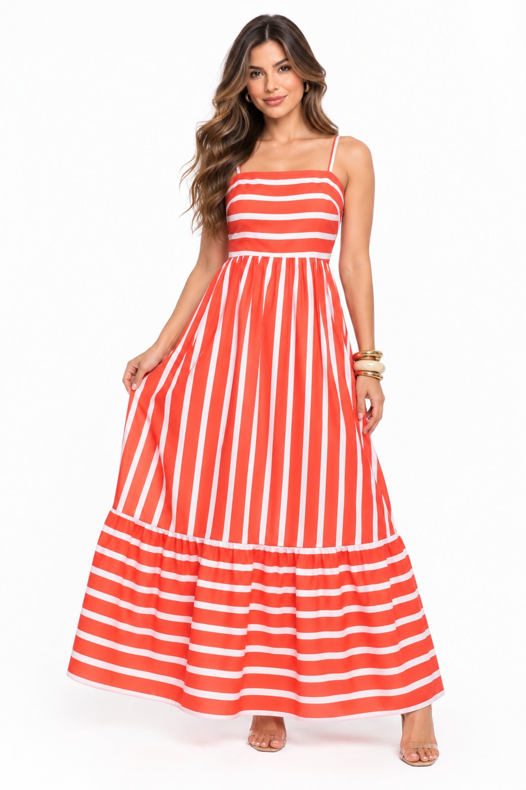 Vestido Longo D Bell Outlet Fashion Alça Fina Listrado Laranja