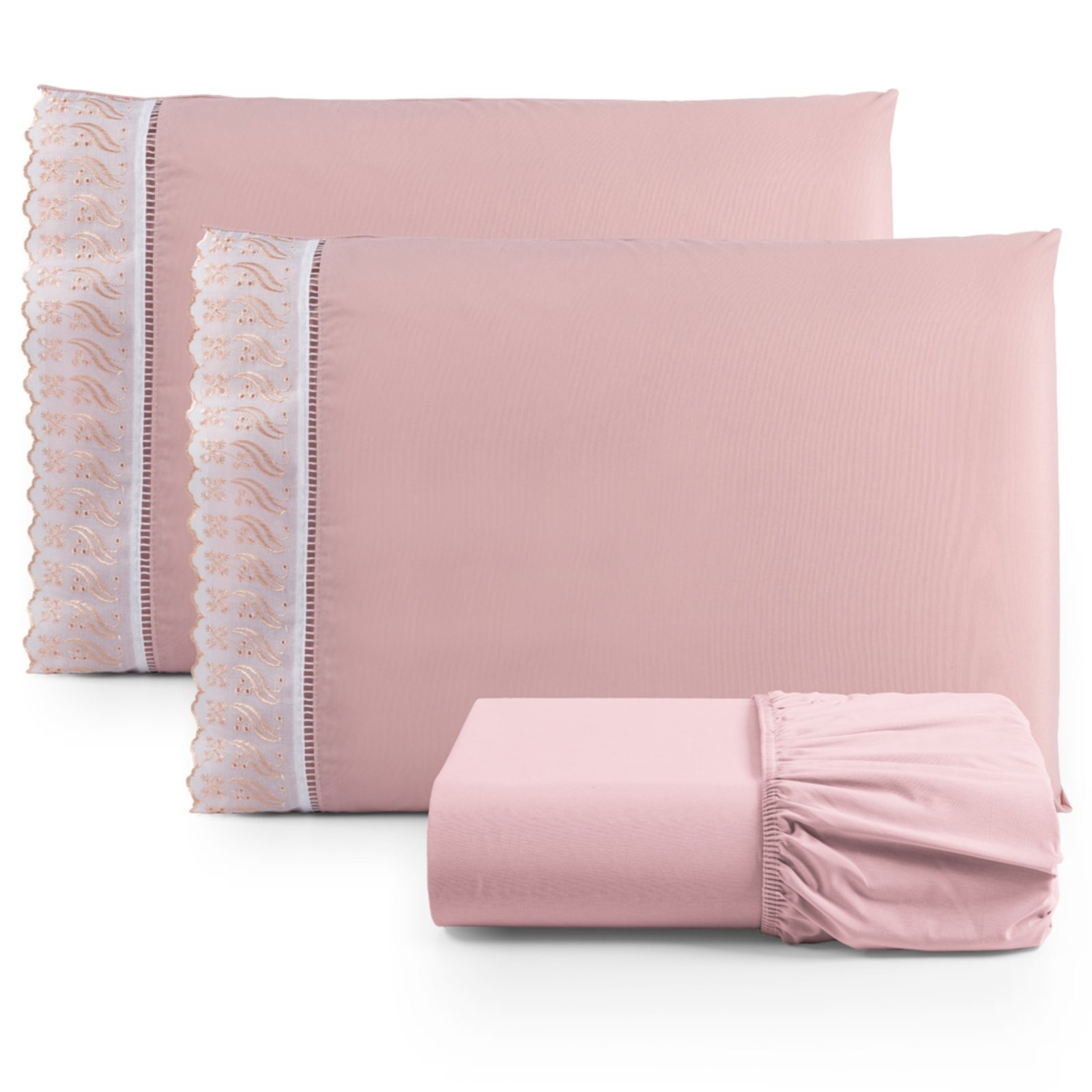 Jogo Cama Lençol Casa Scarpa Paris King Percal 180 Fios Algodão Lese Bordada 3 Peças - Rosê